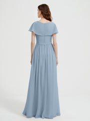 Cap Sleeves Long Chiffon Dresses with Slit-Dusty Blue