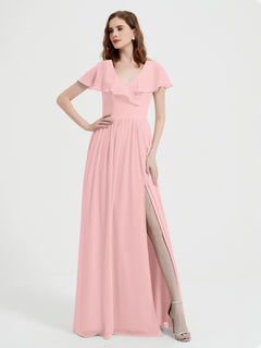 Cap Sleeves Long Chiffon Dresses with Slit-Dusty Rose