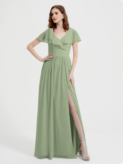 Cap Sleeves Long Chiffon Dresses with Slit-Dusty Sage