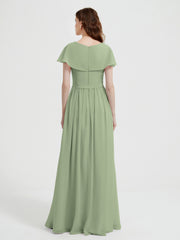 Cap Sleeves Long Chiffon Dresses with Slit-Dusty Sage
