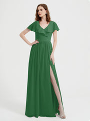 Cap Sleeves Long Chiffon Dresses with Slit-Emerald
