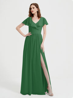 Cap Sleeves Long Chiffon Dresses with Slit-Emerald Plus Size