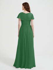 Cap Sleeves Long Chiffon Dresses with Slit-Emerald