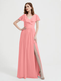 Cap Sleeves Long Chiffon Dresses with Slit-Flamingo