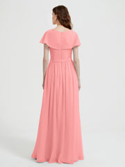 Cap Sleeves Long Chiffon Dresses with Slit-Flamingo