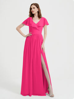 Cap Sleeves Long Chiffon Dresses with Slit-Fuchsia Plus Size