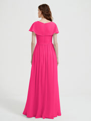 Cap Sleeves Long Chiffon Dresses with Slit-Fuchsia