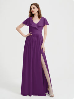 Cap Sleeves Long Chiffon Dresses with Slit-Grape Plus Size