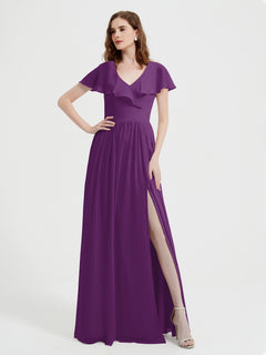 Cap Sleeves Long Chiffon Dresses with Slit-Grape