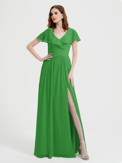 Cap Sleeves Long Chiffon Dresses with Slit-Green