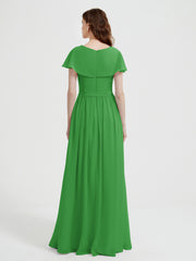 Cap Sleeves Long Chiffon Dresses with Slit-Green