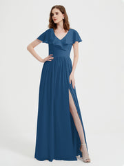 Cap Sleeves Long Chiffon Dresses with Slit-Ink Blue