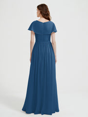 Cap Sleeves Long Chiffon Dresses with Slit-Ink Blue