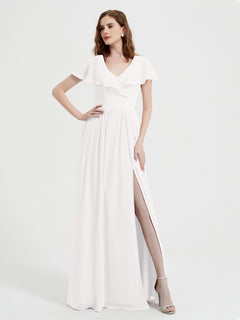 Cap Sleeves Long Chiffon Dresses with Slit-Ivory