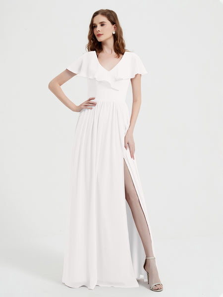 BABARONI Cap Sleeves Long Chiffon Dresses with Slit-Ivory, Ivory / US0