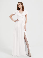 Cap Sleeves Long Chiffon Dresses with Slit-Ivory