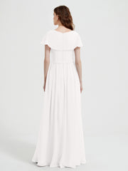 Cap Sleeves Long Chiffon Dresses with Slit-Ivory