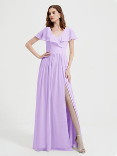 Cap Sleeves Long Chiffon Dresses with Slit-Lilac