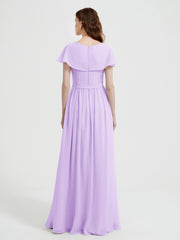 Cap Sleeves Long Chiffon Dresses with Slit-Lilac