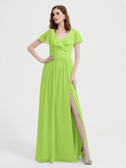Cap Sleeves Long Chiffon Dresses with Slit-Lime Green