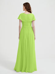 Cap Sleeves Long Chiffon Dresses with Slit-Lime Green