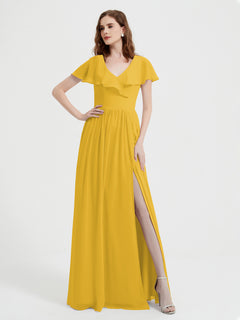 Cap Sleeves Long Chiffon Dresses with Slit-Marigold