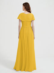 Cap Sleeves Long Chiffon Dresses with Slit-Marigold