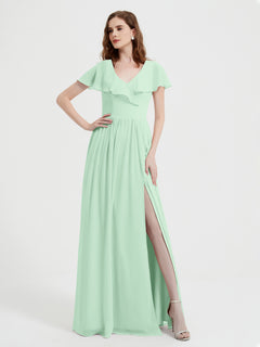 Cap Sleeves Long Chiffon Dresses with Slit-Mint Green