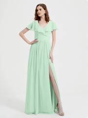 Cap Sleeves Long Chiffon Dresses with Slit-Mint Green Plus Size