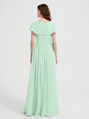 Cap Sleeves Long Chiffon Dresses with Slit-Mint Green Plus Size