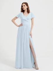 Cap Sleeves Long Chiffon Dresses with Slit-Mist