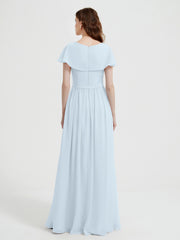 Cap Sleeves Long Chiffon Dresses with Slit-Mist