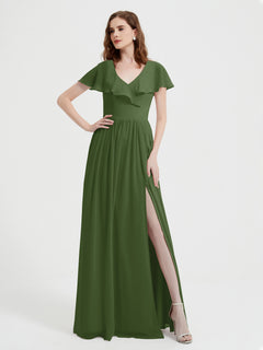 Cap Sleeves Long Chiffon Dresses with Slit-Moss