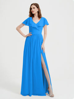 Cap Sleeves Long Chiffon Dresses with Slit-Ocean Blue