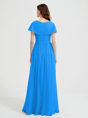 Cap Sleeves Long Chiffon Dresses with Slit-Ocean Blue