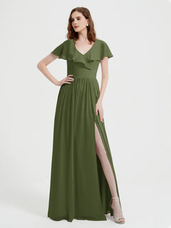 Cap Sleeves Long Chiffon Dresses with Slit-Olive Green Plus Size