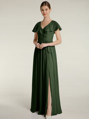 Cap Sleeves Long Chiffon Dresses with Slit-Olive Green