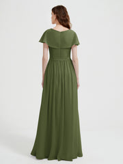 Cap Sleeves Long Chiffon Dresses with Slit-Olive Green