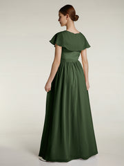 Cap Sleeves Long Chiffon Dresses with Slit-Olive Green