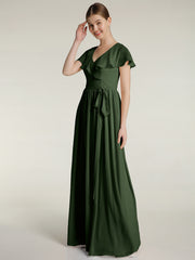 Cap Sleeves Long Chiffon Dresses with Slit-Olive Green