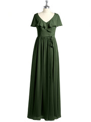 Cap Sleeves Long Chiffon Dresses with Slit-Olive Green Plus Size