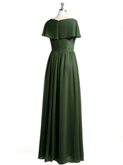 Cap Sleeves Long Chiffon Dresses with Slit-Olive Green