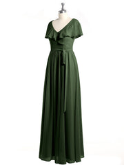 Cap Sleeves Long Chiffon Dresses with Slit-Olive Green Plus Size