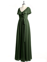 Cap Sleeves Long Chiffon Dresses with Slit-Olive Green