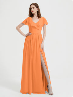 Cap Sleeves Long Chiffon Dresses with Slit-Orange