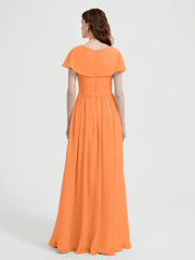 Cap Sleeves Long Chiffon Dresses with Slit-Orange