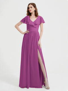 Cap Sleeves Long Chiffon Dresses with Slit-Orchid