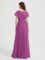 Cap Sleeves Long Chiffon Dresses with Slit-Orchid