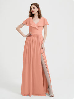 Cap Sleeves Long Chiffon Dresses with Slit-Papaya