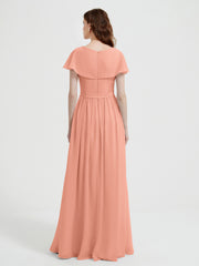 Cap Sleeves Long Chiffon Dresses with Slit-Papaya